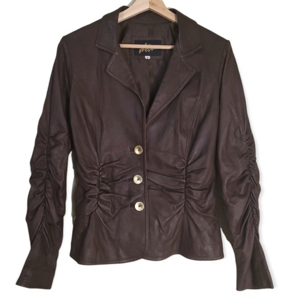 Neto Vintage Dark Brown Ruched Leather Jacket Coat